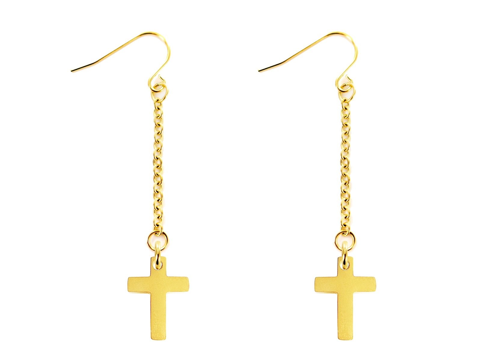 Boucles d'oreilles pendantes décorées de pampilles croix (14mm) en acier inoxydable doré