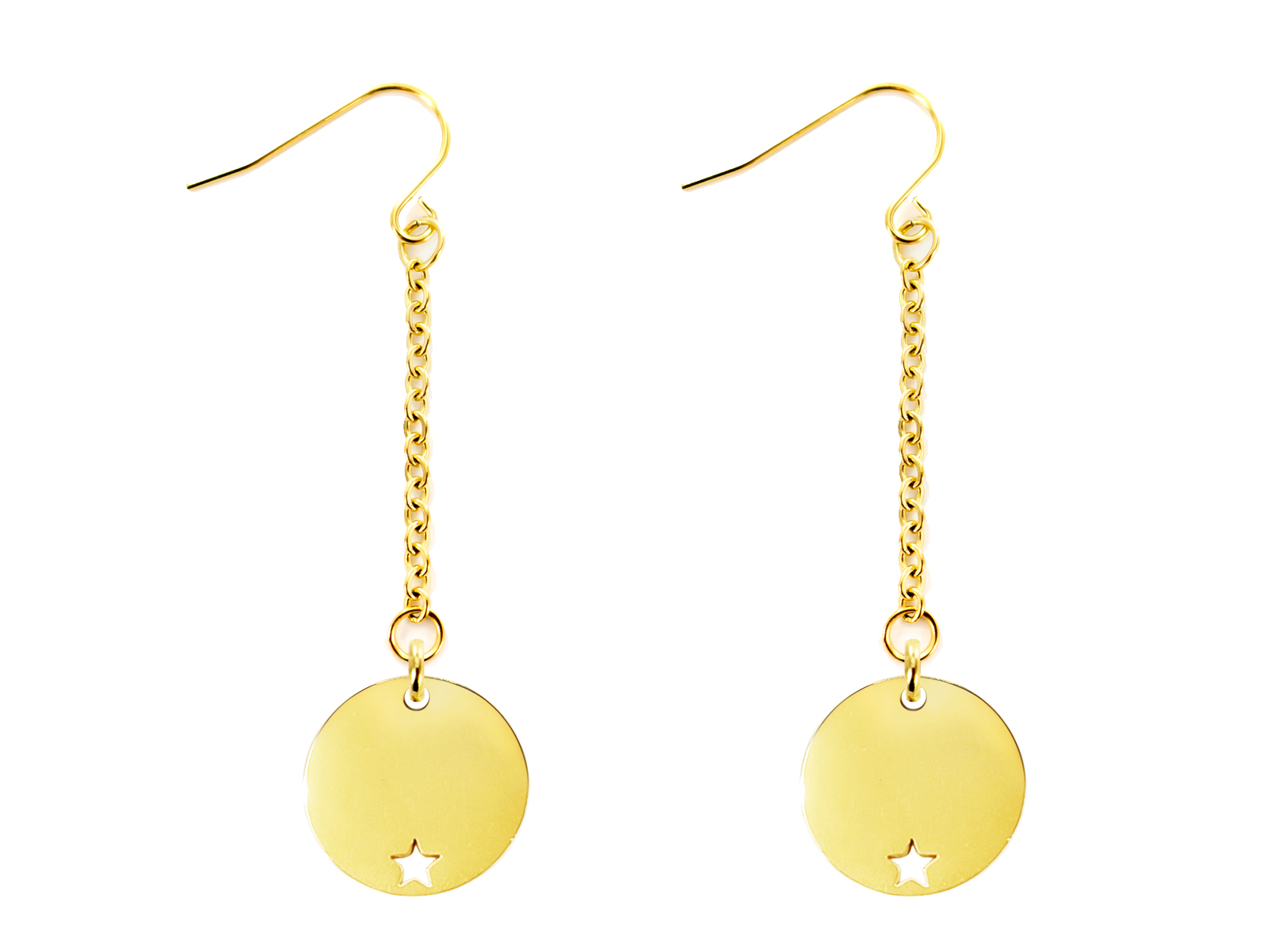 Boucles d'oreilles pendantes décorées de médailles rondes avec étoile ajourée en acier inoxydable doré