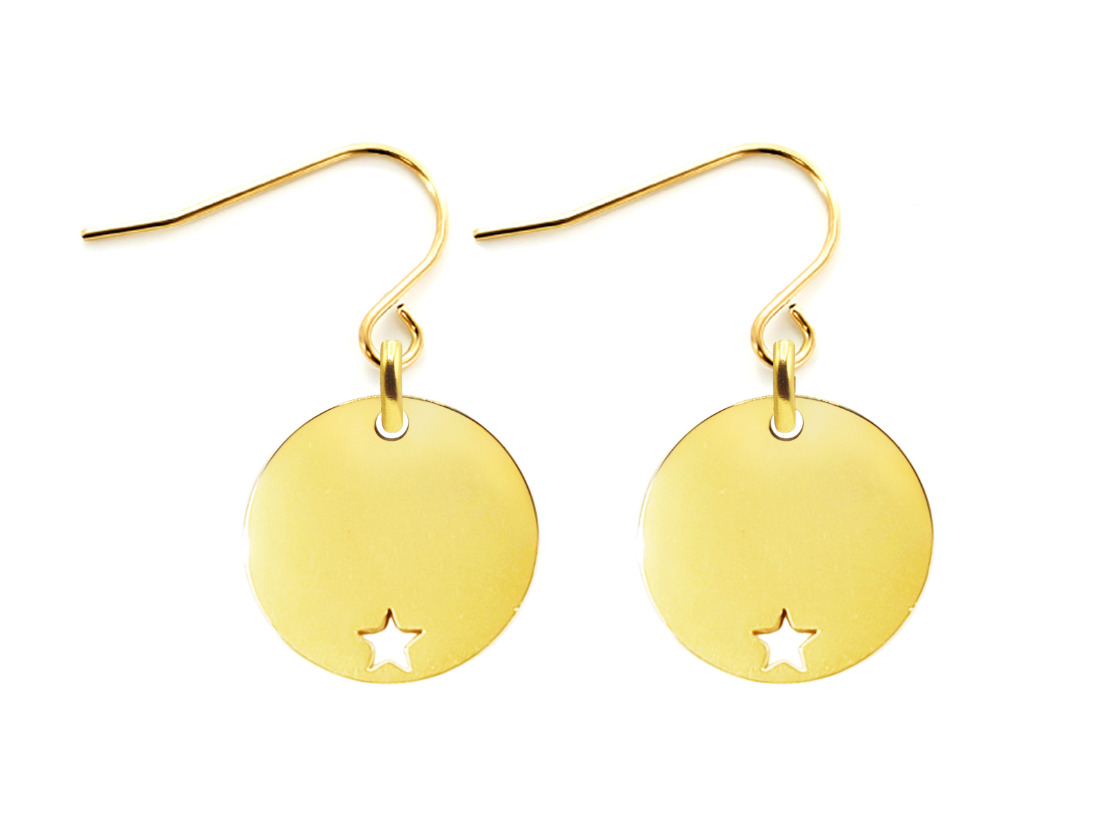 Boucles d'oreilles agrémentées de médailles rondes avec étoile ajourée en acier inoxydable doré