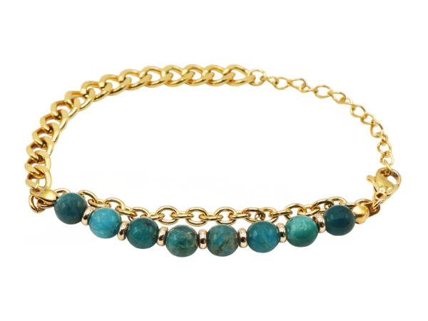 Bracelet perles naturelles (Apatite) et maille gourmette en acier inoxydable doré - Longueur: 15cm