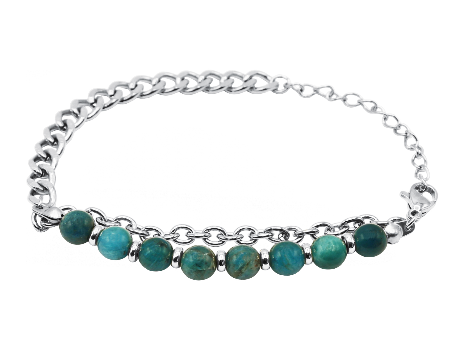 Bracelet perles naturelles (Apatite) et maille gourmette en acier inoxydable argenté - Longueur: 15cm