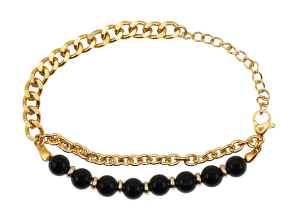 Bracelet perles naturelles (Agate noire) et maille gourmette en acier inoxydable doré - Longueur: 15cm