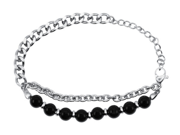 Bracelet perles naturelles (Agate noire) et maille gourmette en acier inoxydable argenté - Longueur: 15cm