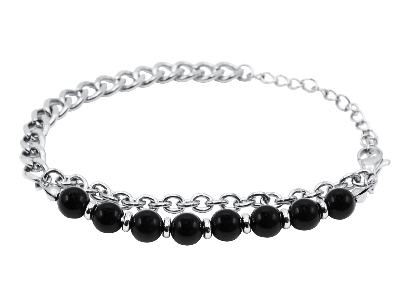 Chaîne de cheville perles naturelles (Agate noire) et maille gourmette en acier inoxydable argenté - Longueur: 25cm