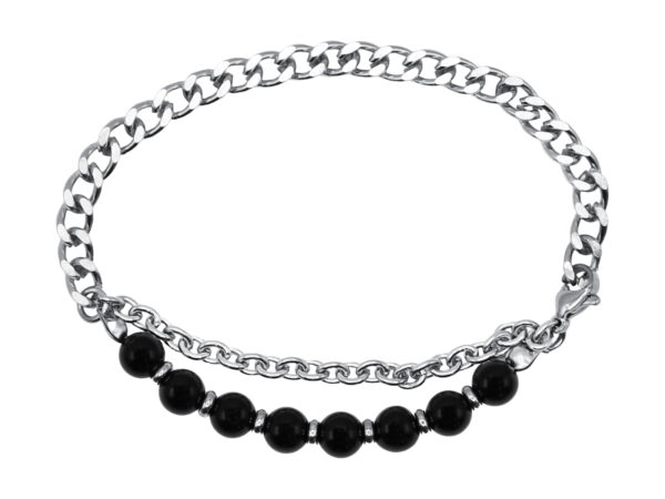 Bracelet perles naturelles (Agate noire) et maille gourmette en acier inoxydable argenté - Longueur: 20cm