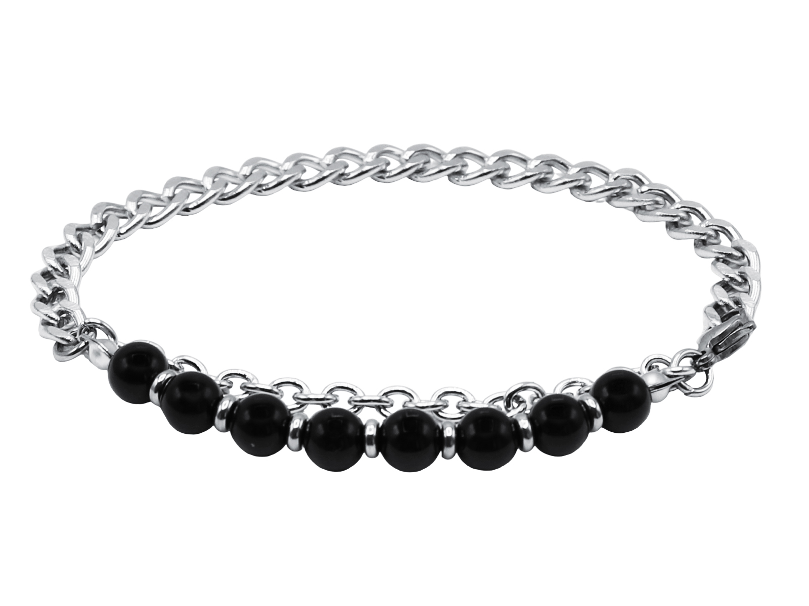 Bracelet perles naturelles (Agate noire) et maille gourmette en acier inoxydable argenté - Longueur: 20cm