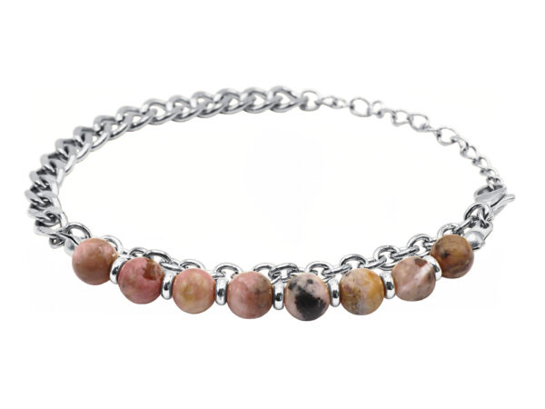 Bracelet perles naturelles (Rhodonite) et maille gourmette en acier inoxydable argenté - Longueur: 15cm