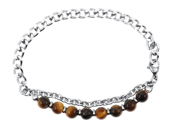 Bracelet perles naturelles (Œil de tigre) et maille gourmette en acier inoxydable argenté - Longueur: 20cm