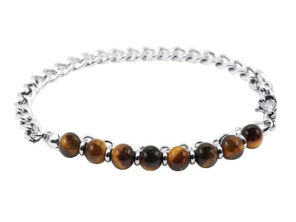 Bracelet perles naturelles (Œil de tigre) et maille gourmette en acier inoxydable argenté - Longueur: 20cm