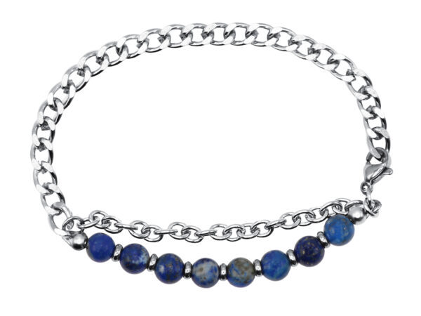 Chaîne de cheville perles naturelles (Lapis Lazuli) et maille gourmette en acier inoxydable argenté - Longueur: 25cm