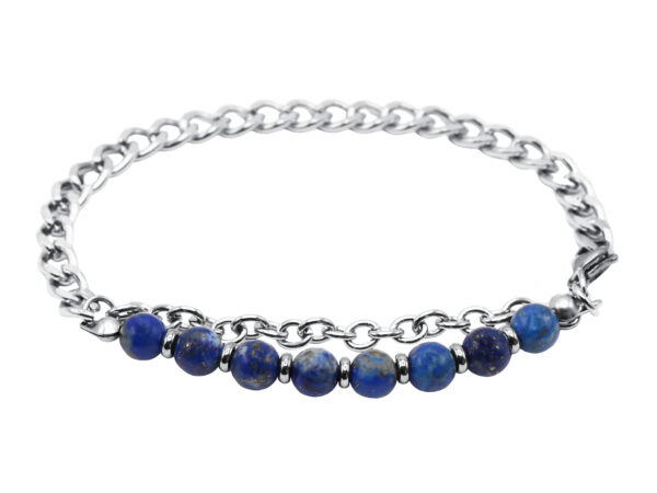 Bracelet perles naturelles (Lapis Lazuli) et maille gourmette en acier inoxydable argenté - Longueur: 20cm