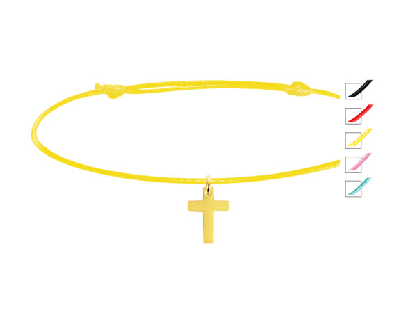 Bracelet cordon ajustable décoré d'une pampille croix (14mm) en acier inoxydable doré