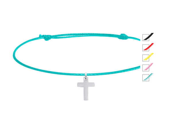 Bracelet cordon ajustable décoré d'une pampille croix (14mm) en acier inoxydable argenté