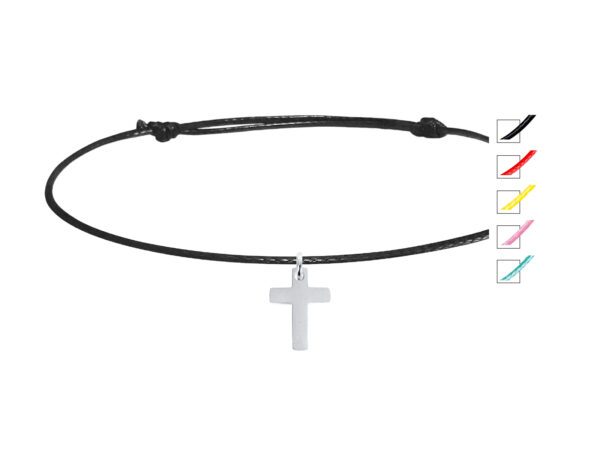 Bracelet cordon ajustable décoré d'une pampille croix (14mm) en acier inoxydable argenté