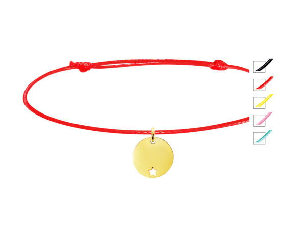 Bracelet cordon ajustable décoré d'une médaille ronde avec étoile ajourée en acier inoxydable doré