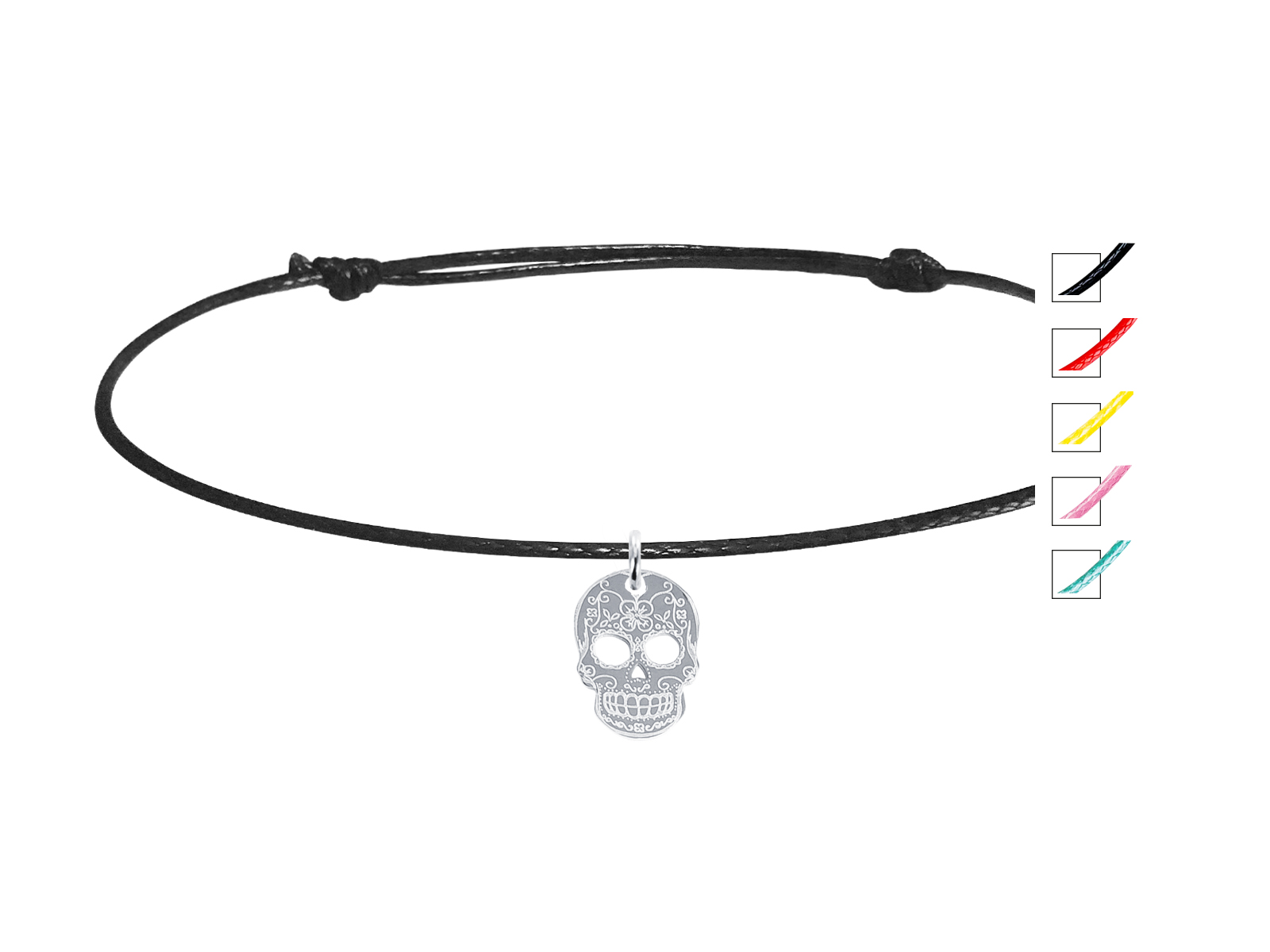Bracelet cordon ajustable décoré d'une pampille tête de mort (14mm) en acier inoxydable argenté