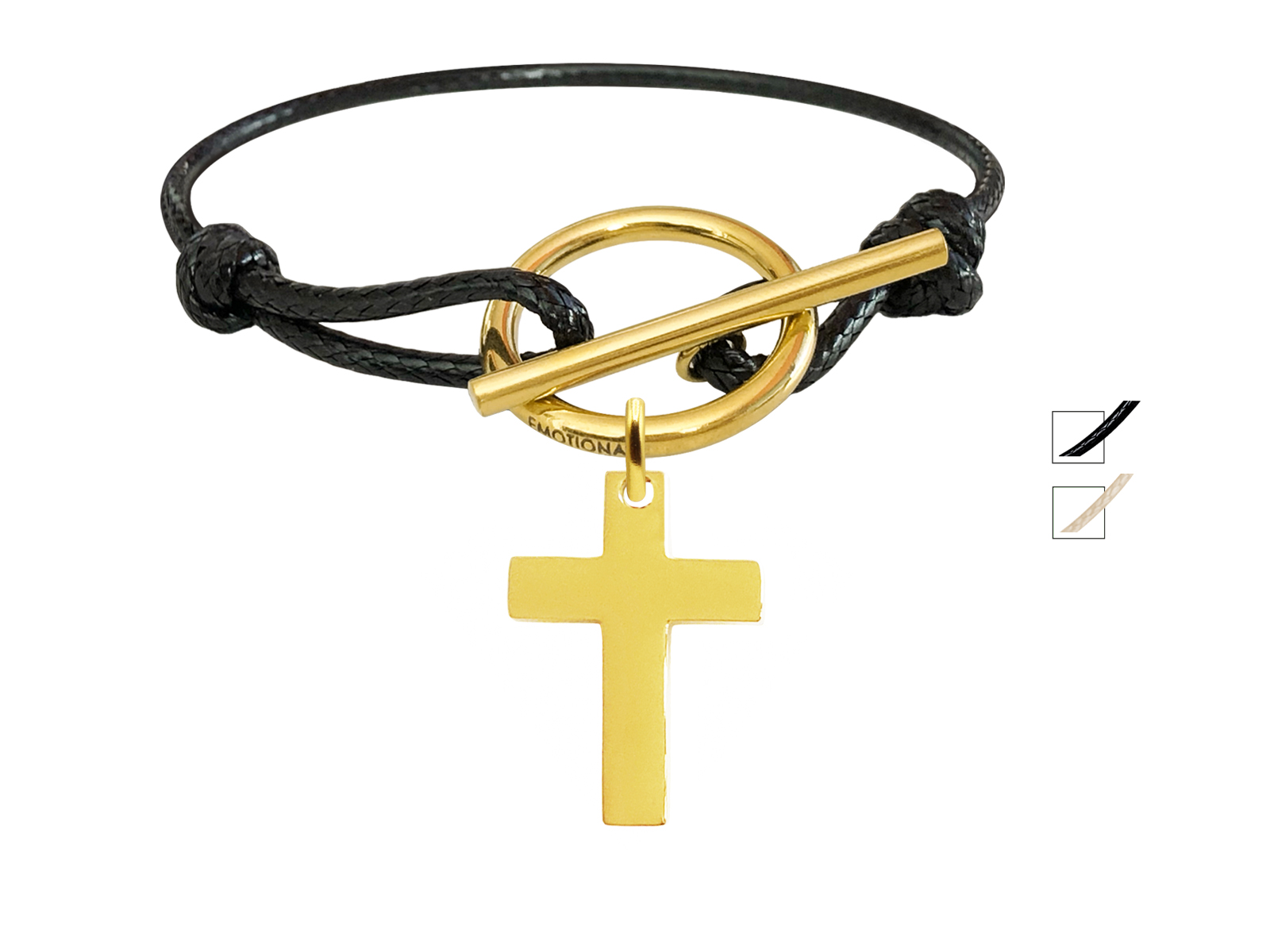Bracelet cordon ajustable coloré avec fermoir T agrémenté d'une pampille croix (25mm) en acier inoxydable doré
