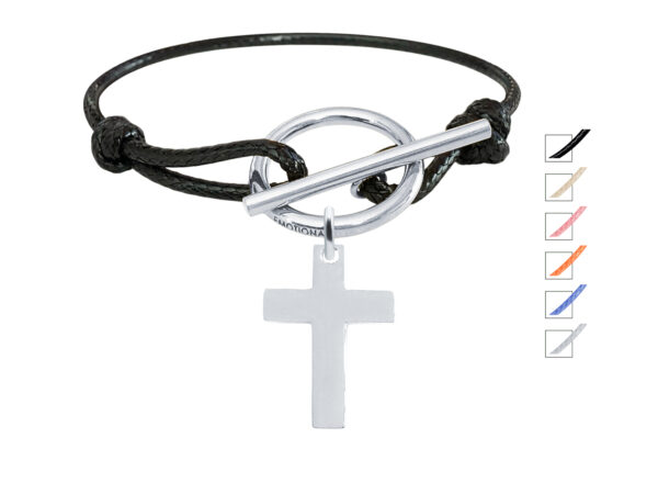 Bracelet cordon ajustable coloré avec fermoir T agrémenté d'une pampille croix (25mm) en acier inoxydable argenté