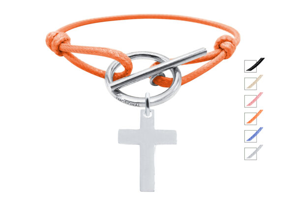 Bracelet cordon ajustable coloré avec fermoir T agrémenté d'une pampille croix (25mm) en acier inoxydable argenté