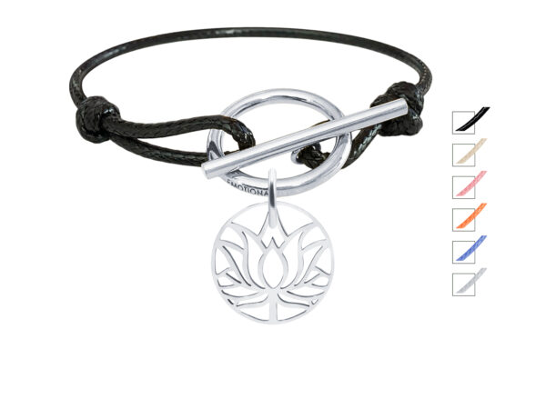 Bracelet cordon ajustable fermoir T avec pampille fleur de lotus en acier inoxydable argenté