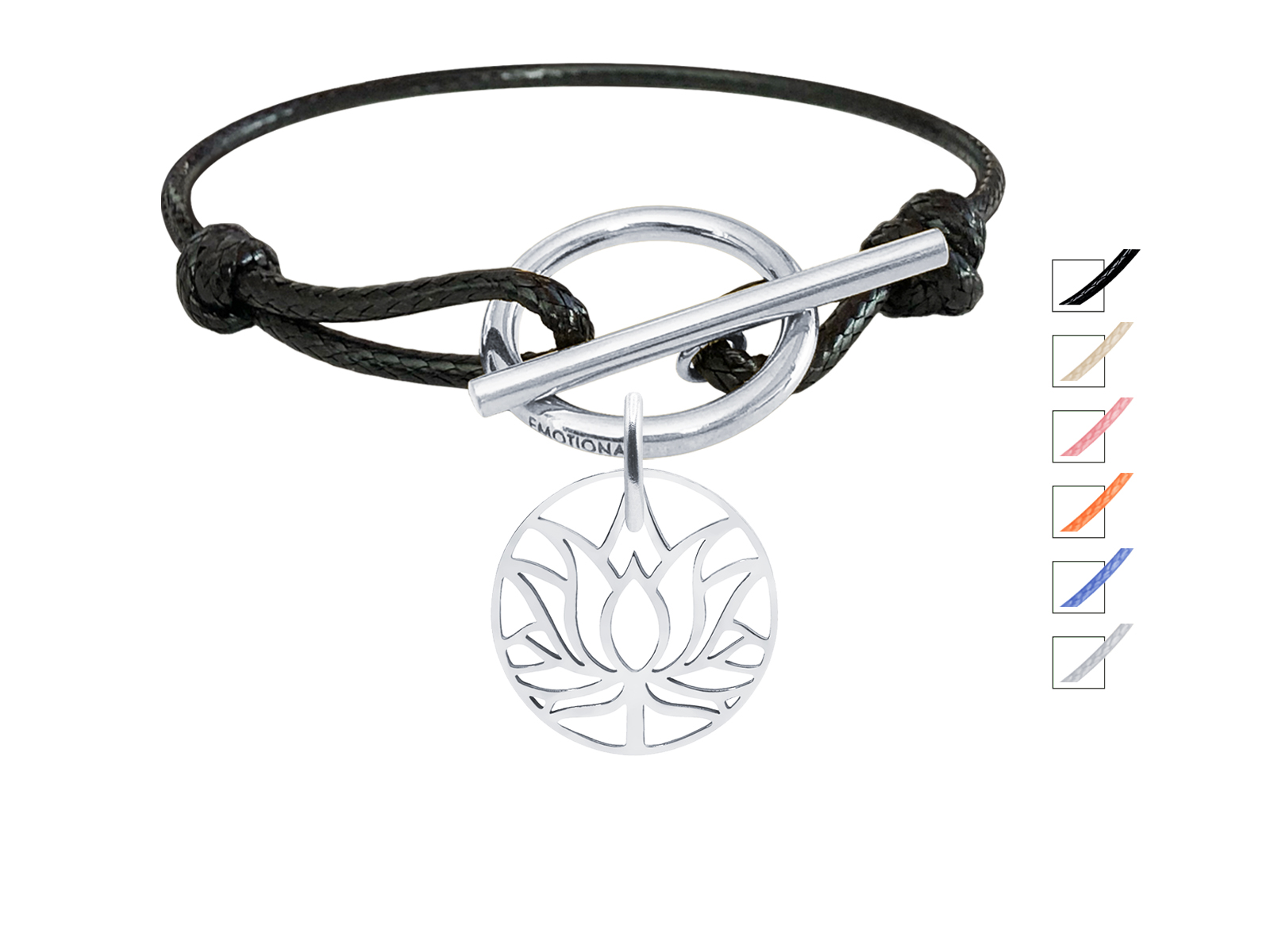 Bracelet cordon ajustable fermoir T avec pampille fleur de lotus en acier inoxydable argenté