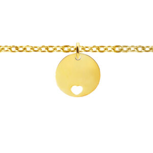 Bracelet chaînette agrémenté d'une médaille ronde avec cœur ajouré en acier inoxydable doré