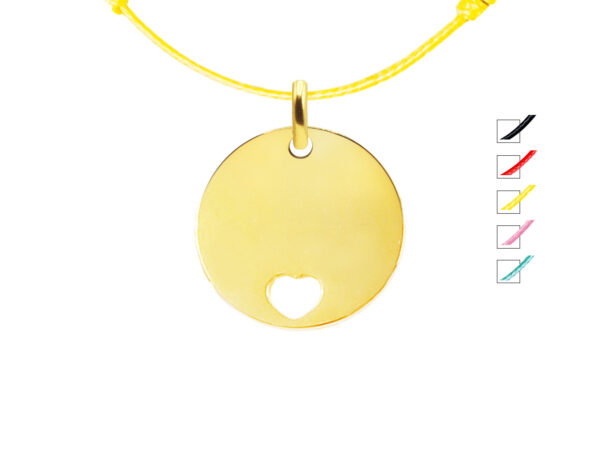 Collier cordon ajustable décoré d'une médaille ronde avec cœur ajouré en acier inoxydable doré