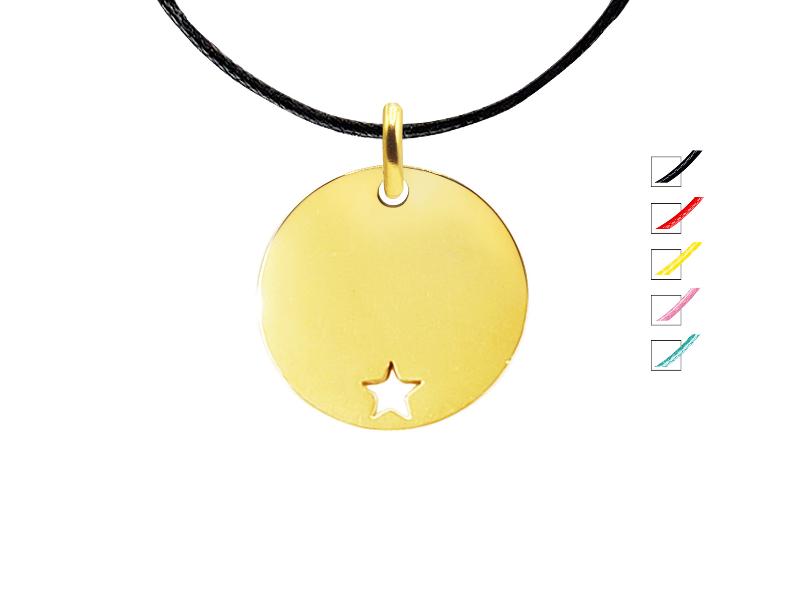 Collier cordon ajustable décoré d'une médaille ronde avec étoile ajourée en acier inoxydable doré
