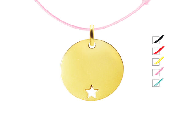Collier cordon ajustable décoré d'une médaille ronde avec étoile ajourée en acier inoxydable doré