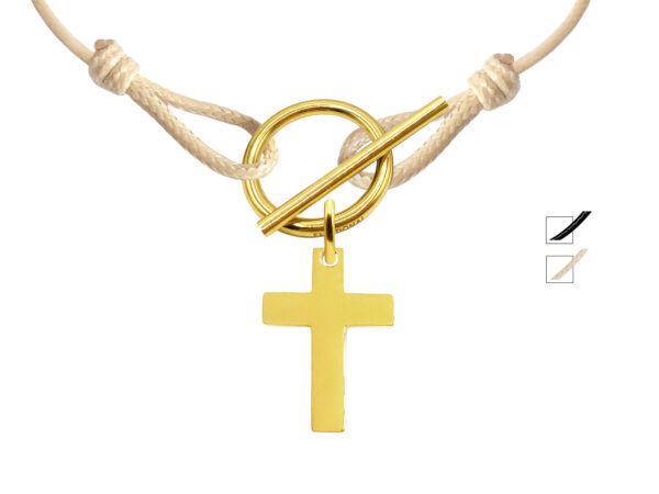Collier cordon ajustable coloré avec fermoir T agrémenté d'une pampille croix (25mm) en acier inoxydable doré