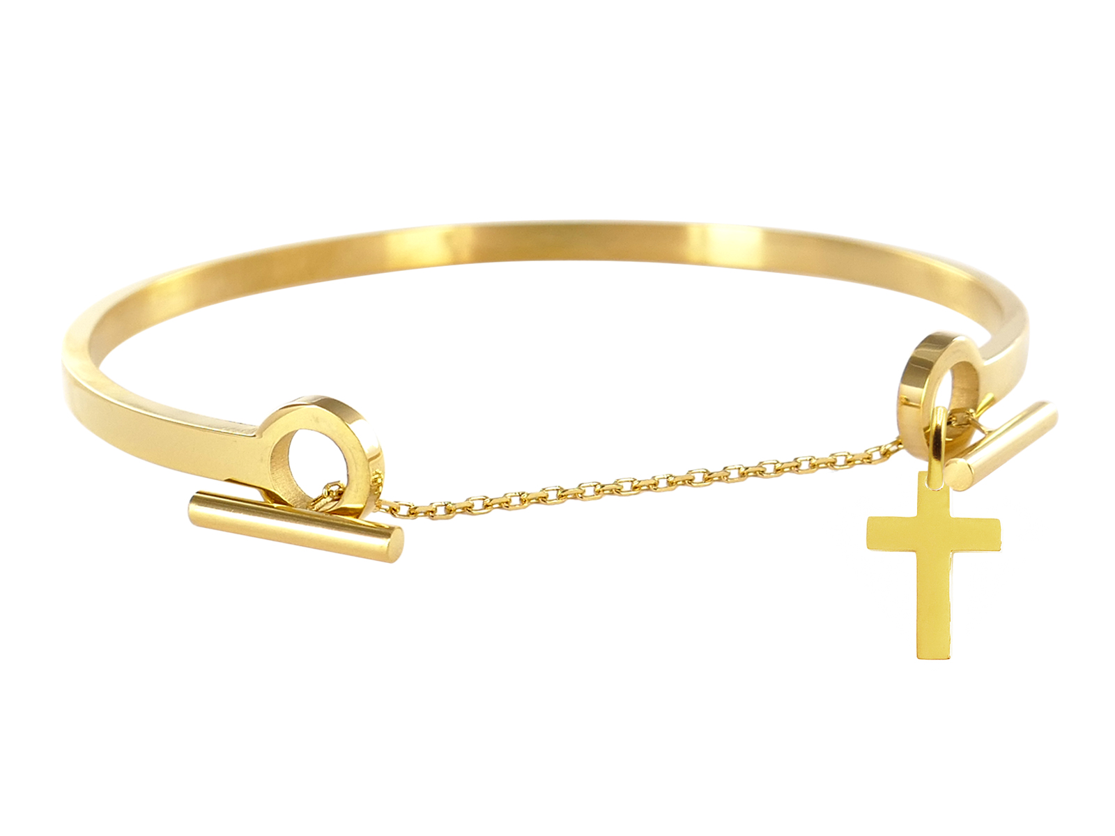Jonc chaînette T décoré d'une pampille croix (14mm) en acier inoxydable doré