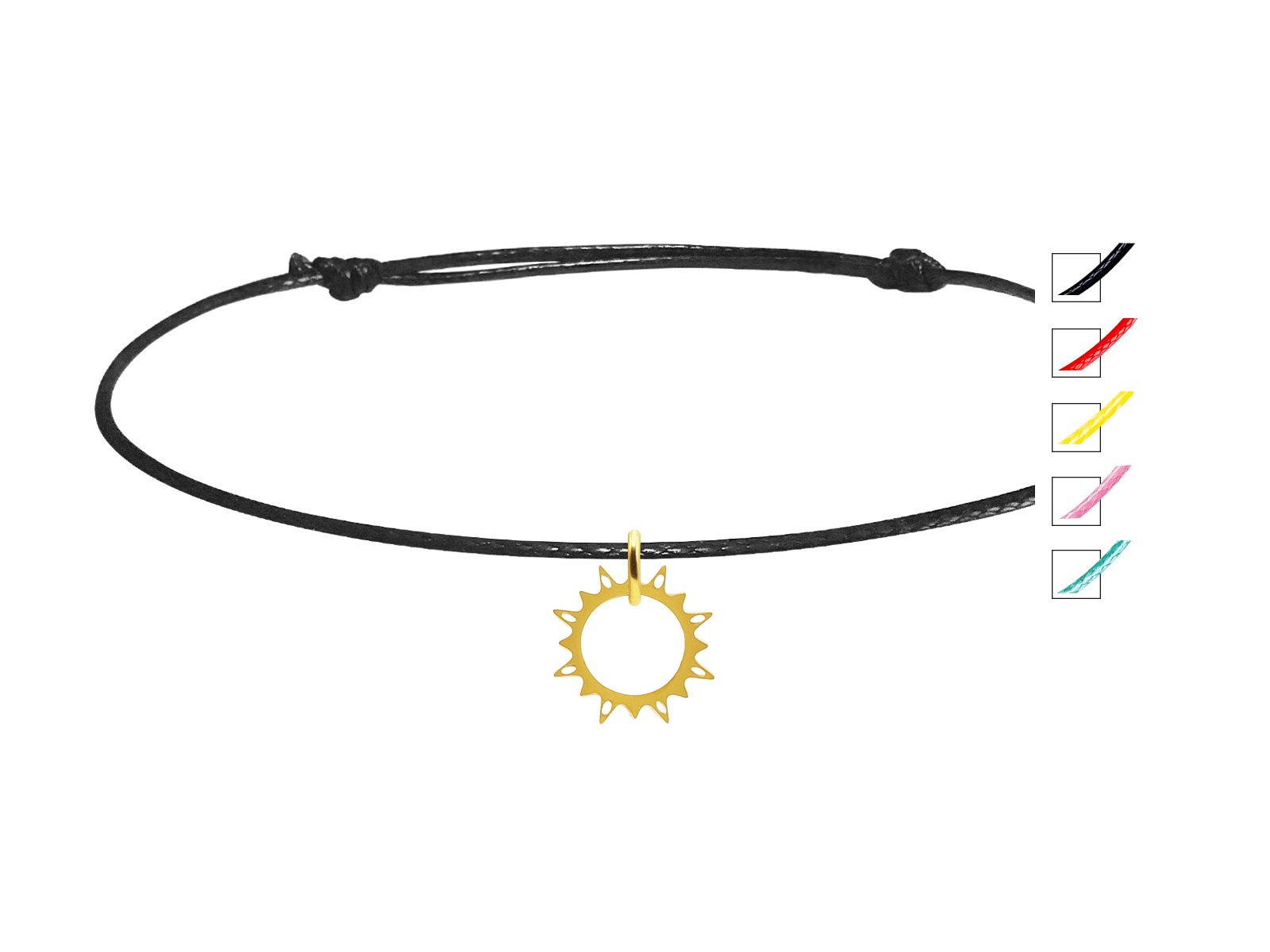 Bracelet cordon ajustable décoré d'une pampille soleil en acier inoxydable doré