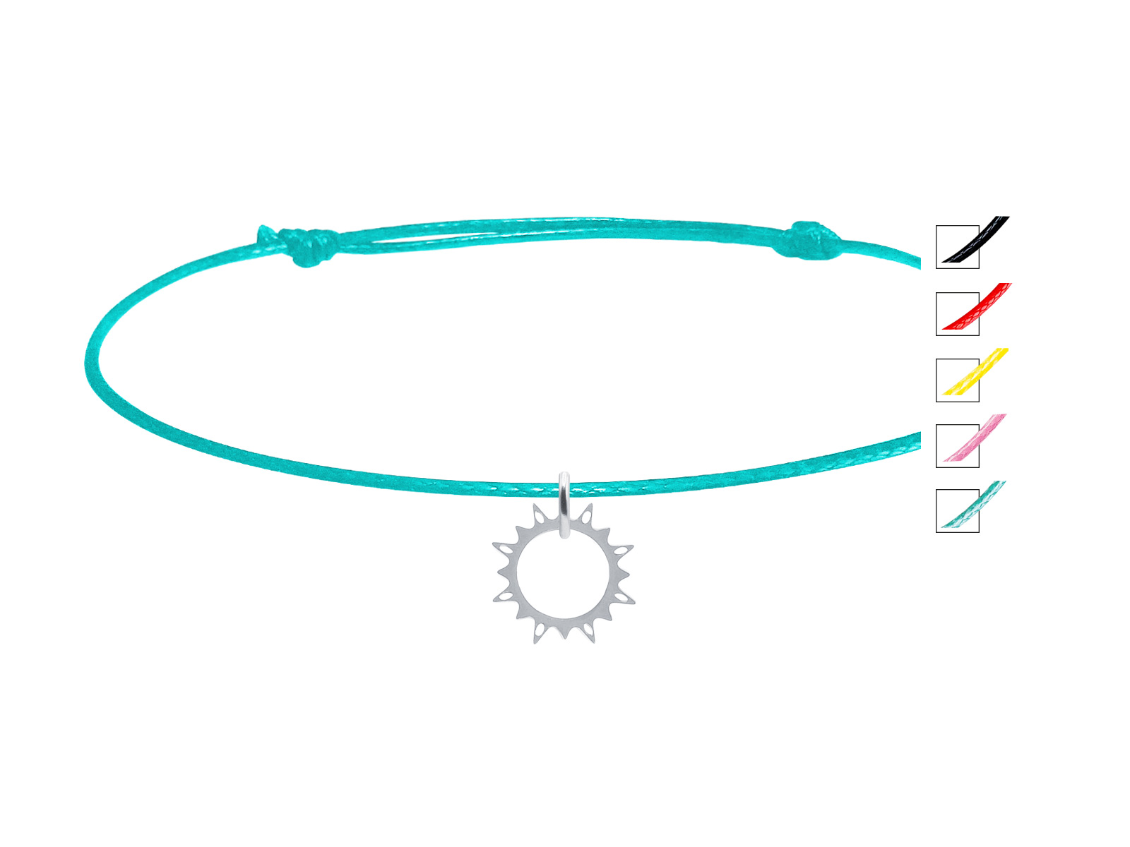 Bracelet cordon ajustable décoré d'une pampille soleil en acier inoxydable argenté