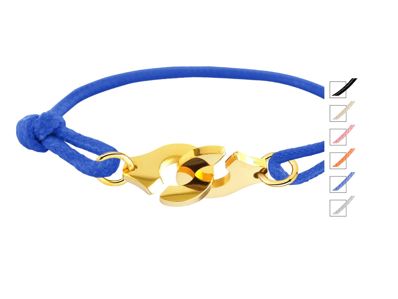 Bracelet cordon ajustable décoré d'une paire de menottes en acier inoxydable doré