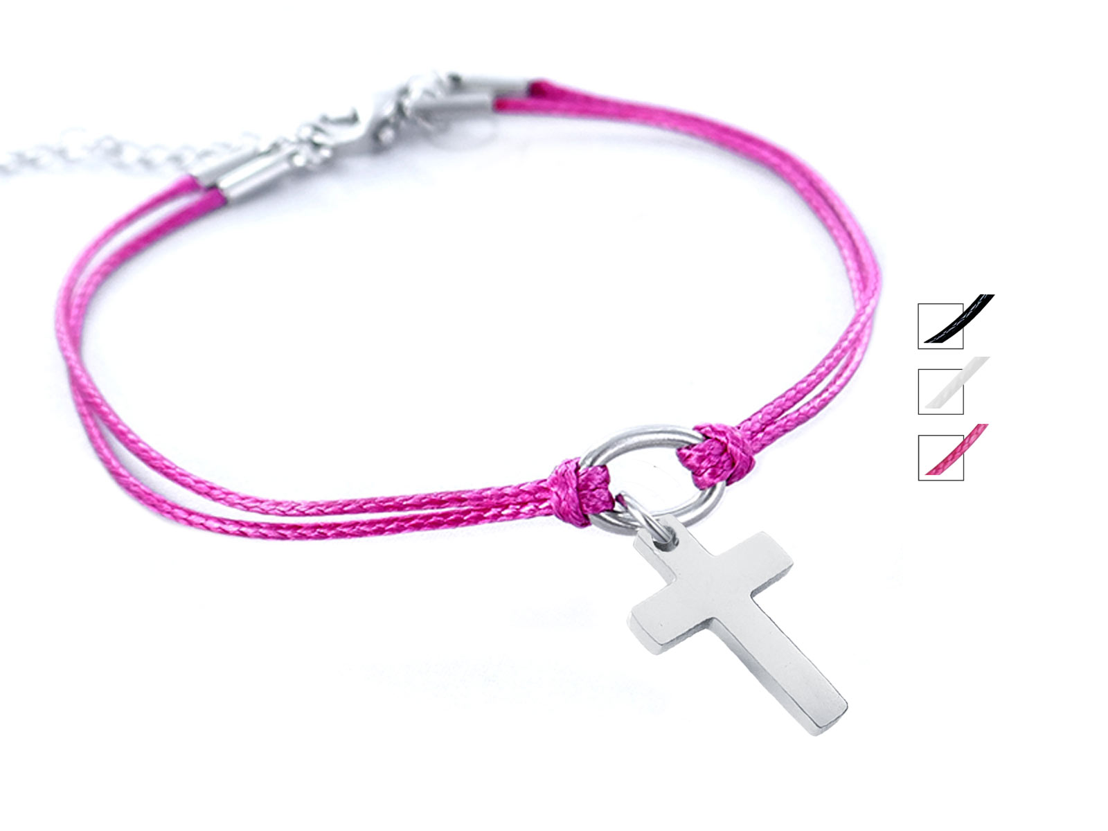 Bracelet cordon coloré décoré d'une pampille croix (14mm) en acier inoxydable argenté