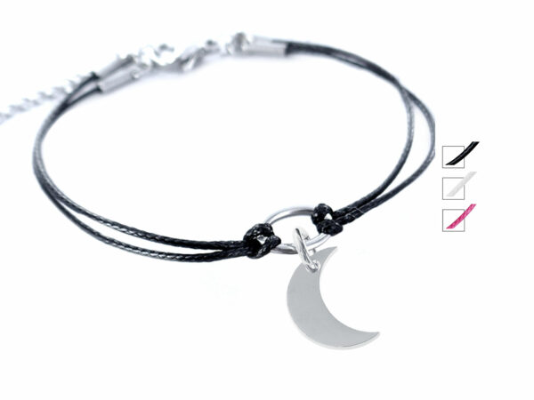 Bracelet cordon coloré décoré d'une pampille lune en acier inoxydable argenté