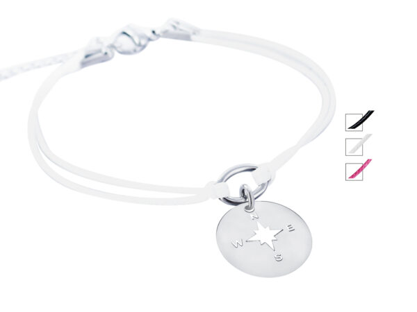 Bracelet cordon et ROSE DES VENTS en acier inoxydable argenté
