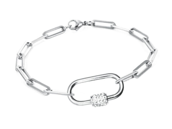 Bracelet maille XL agrémenté d' un pendentif ovale à visser rehaussé de cristaux fantaisie en acier inoxydable argenté