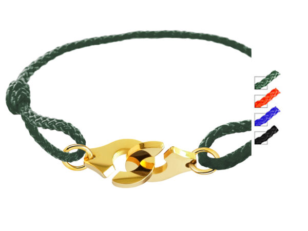 Bracelet ajustable en paracorde décoré d'une paire de menottes en acier inoxydable doré