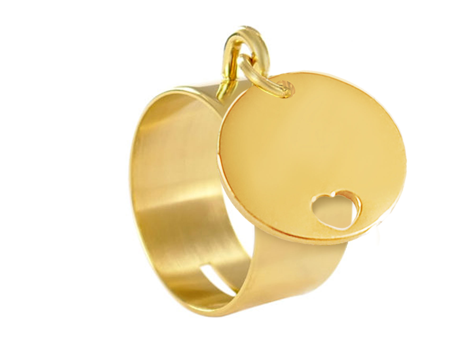 Bague tube rehaussée d'une médaille ronde avec cœur ajouré en acier inoxydable doré
