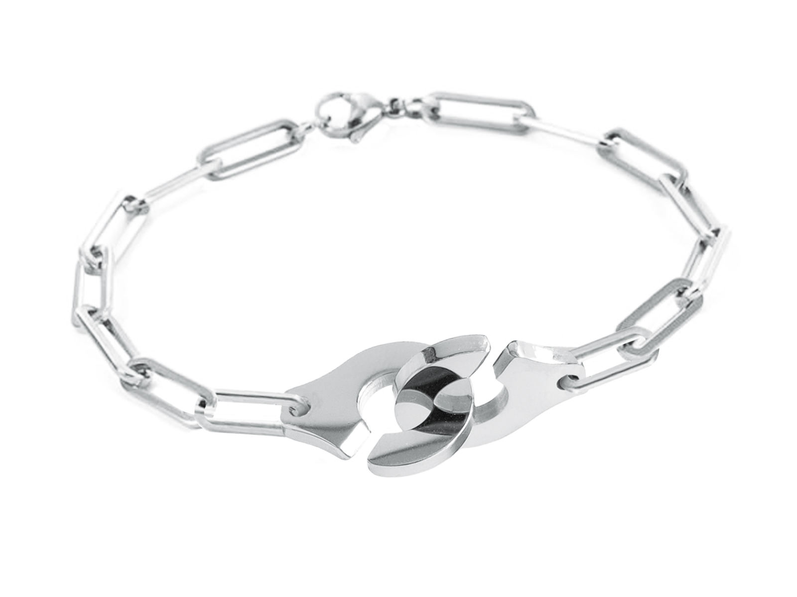 Bracelet maille XL agrémenté d'une paire de menottes en acier inoxydable argenté