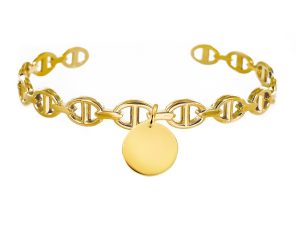 Jonc Mixte ajustable "maille marine" en acier inoxydable doré agrémenté d'une médaille en acier doré