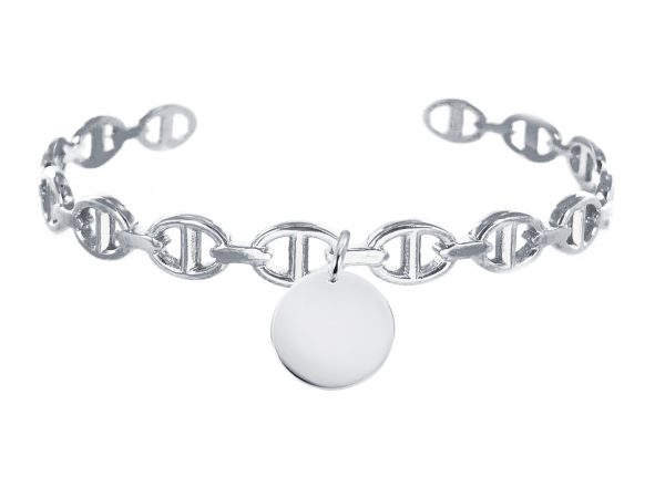 Jonc Mixte ajustable "maille marine" en acier inoxydable argenté agrémenté d'une médaille en acier argenté