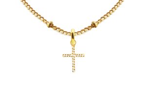 Collier maille boule alternée croix oxydes de zirconium blancs en acier inoxydable doré