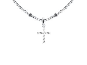 Collier maille boule alternée croix oxydes de zirconium blancs en acier inoxydable argenté