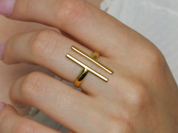 Bague ajustable double barre en acier inoxydable doré