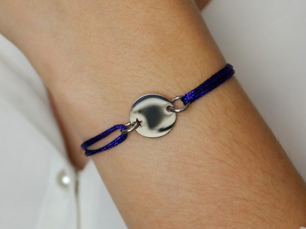 Bracelet ajustable cordon pailleté avec médaille ronde étoile ajourée à personnaliser en acier inoxydable argenté