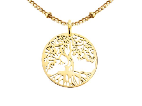 Collier maille boule alternée en acier et grand arbre de vie doré 20mm