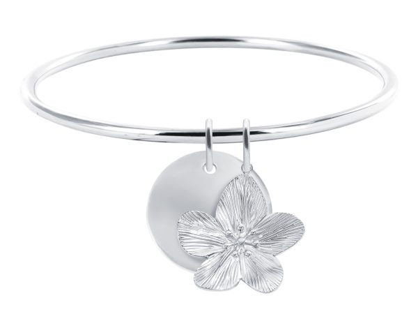 Jonc rigide médaille ronde à personnaliser (20mm) et fleur (24mm) en acier inoxydable argenté