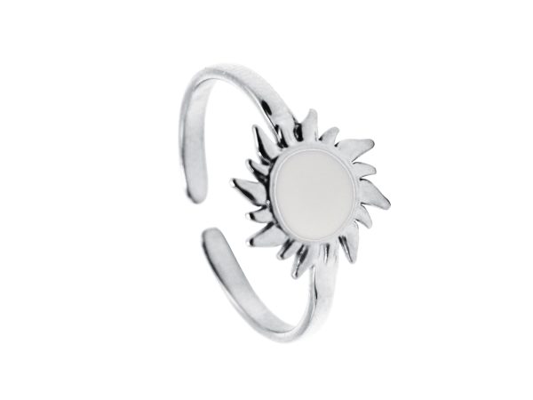 Bague ajustable soleil émail noir ou blanc en acier inoxydable argenté